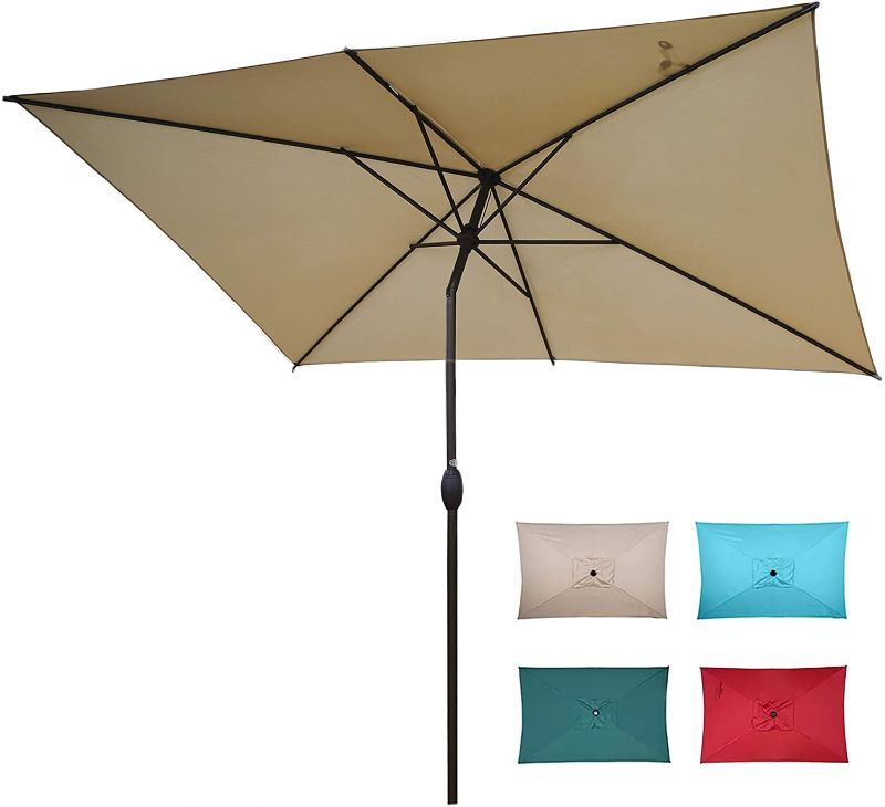 Photo 1 of Abba Patio 6.5 x 10ft Rectangular Patio Umbrella Outdoor Market Table Umbrella with Push Button Tilt and Crank for Garden, Lawn, Deck, Backyard & Pool, Beige
