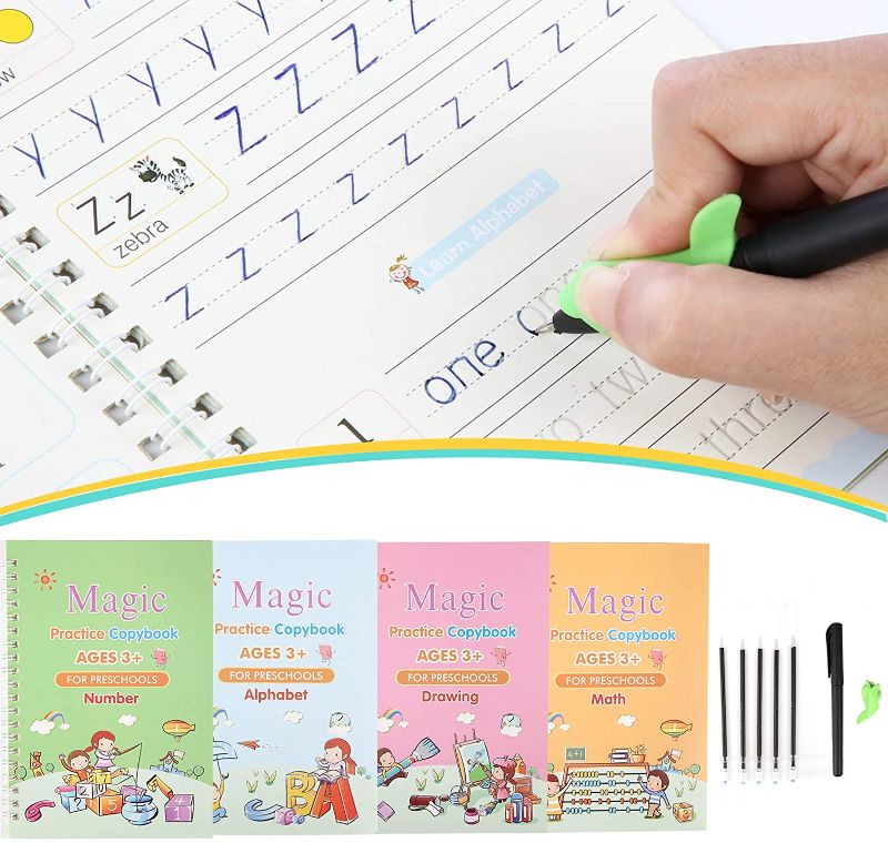 Photo 1 of 3 PACK Gigilli Magic Practice Copybook For Kids, Reusable Magic Calligraphy Tracing Handwriting Copybook Set, English Version Writing Practice Book for Children (4 Books 1 Pen)
