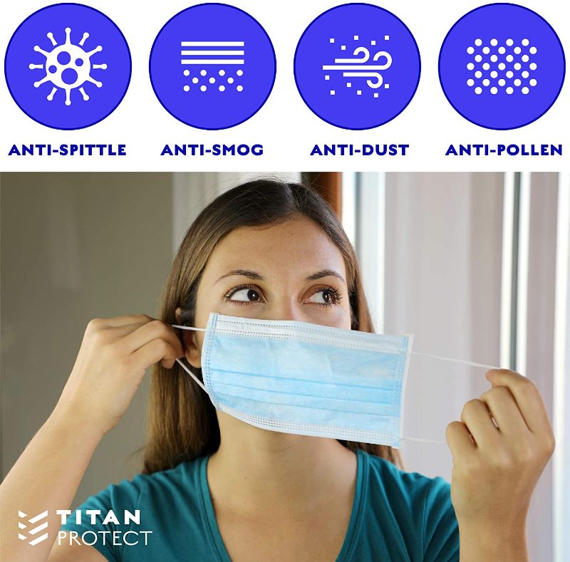 Photo 1 of  Class 1 Protective Face Masks - TITAN PROTECT 3-Layer Disposable Face Mask - Non Medical Mask Filters >95% of Particles - Elastic Ear Loop, Adjustable and Comfortable - Light Blue (40 Pcs)
