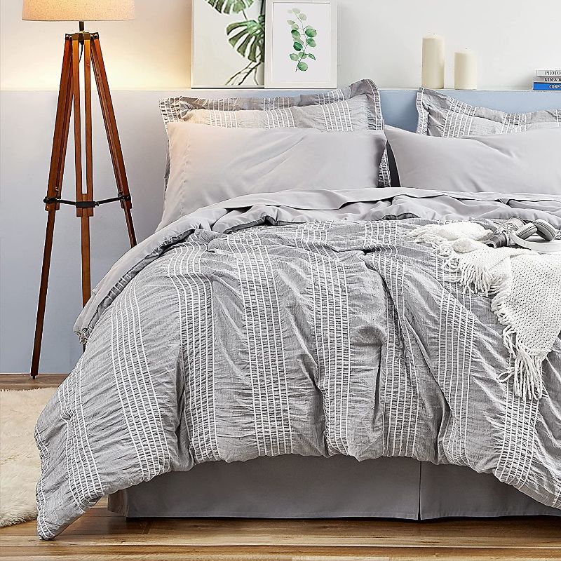 Photo 1 of Bedsure Queen Size Bed in A Bag - Queen Bedding Comforter Set 8 Piece Stripes Seersucker Bed Set, Soft Lightweight Down Alternative Comforter Queen (Grey, Full 88x88 inch)