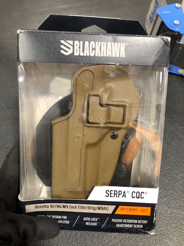 Photo 2 of BLACKHAWK Serpa CQC Carbon Fiber Coyote Tan Holster (Matte Finish), Size 04, Left Hand, (Beretta 92/96(not Elite/Brig.or M9A1)
