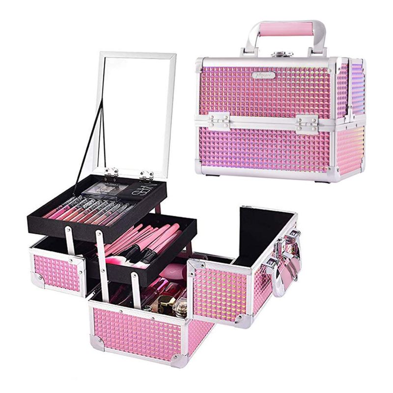 Photo 1 of Joligrace Makeup Train Case Portable Cosmetic Box Jewelry Organizer Lockable with Keys and Mirror 2-Tier Trays Carrying with Handle Makeup Storage Box - Mermaid Pink
