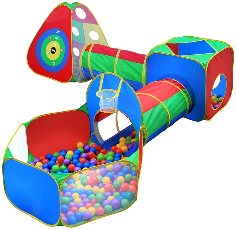 Photo 1 of 5pc Kids Ball Pit Tents and Tunnels, Toddler Jungle Gym Play Tent with Play Crawl Tunnel Toy, for Boys babies infants Children, Indoor Outdoor Gift, Target Game w/ 4 Dart Balls
