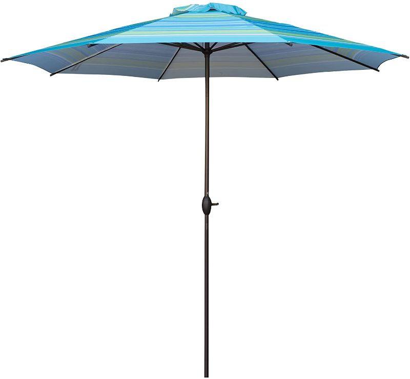 Photo 1 of Abba Patio 11-Feet Striped Patio Umbrella Outdoor Table Market Umbrella with Push Button Tilt and Crank, Turquoise Striped