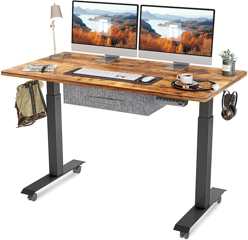 Photo 1 of FEZIBO Electric Height Adjustable Standing Desk with Drawer, 48 x 24 Inches Splice Board, Black Frame/Rustic Brown Top