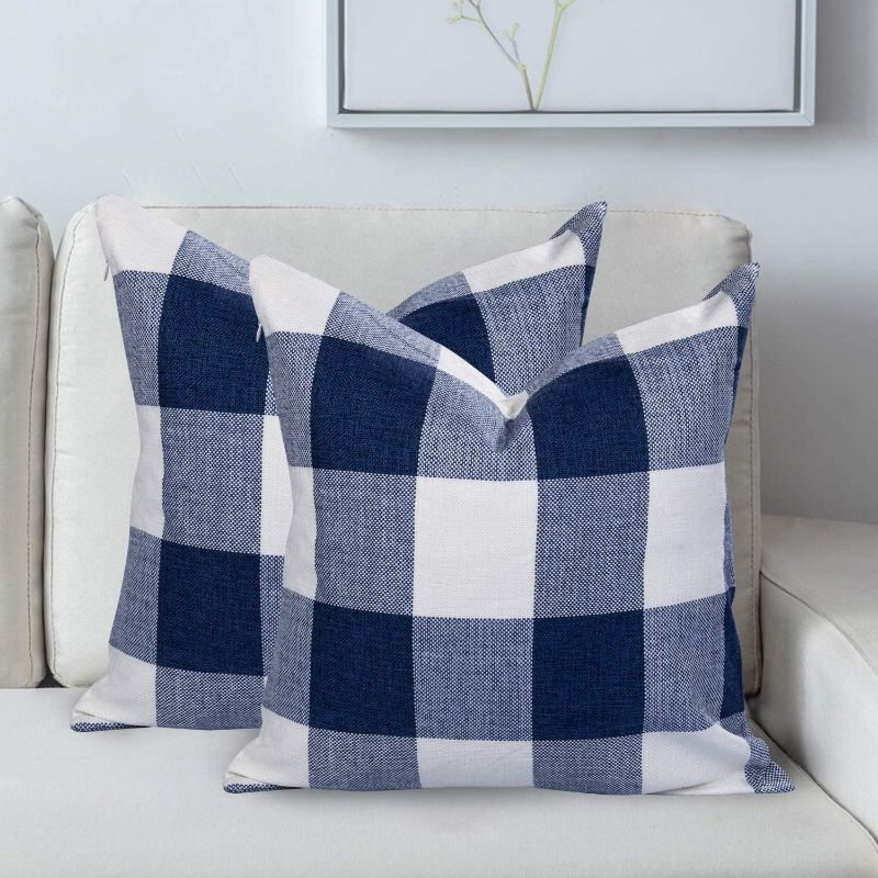 Photo 1 of AGUDAN Plaid Throw Pillow Covers - Cotton Linen Decorative-Farmhouse Decor Cushion Pillowcase for Couch, Bed, Sofa, Car 2-Pack