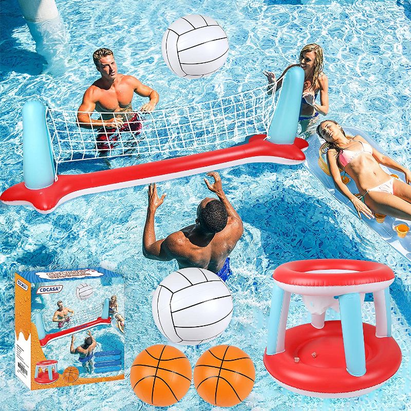 Photo 1 of Pool Floats Toys, Inflatable Pool Volleyball Set & 3 Balls with Basketball Hoops Party Swimming Game Toy for Kids and Adults, Floating Water Play Gift Summer Floaties, Volleyball Net (115”x30”x37”)