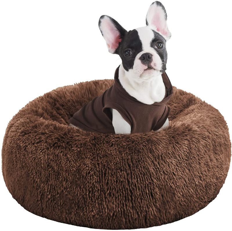 Photo 1 of BEDELITE Dog Bed Cat Bed - Round Dog Bed in Soft Faux Fur Pet Bed, Donut Calming Dog Bed & Cat Bed for Small Medium Dog & Cat 20/23/30 Inches Fit up to 15/25/45LBS (Grey, Blue, Brown) Washable