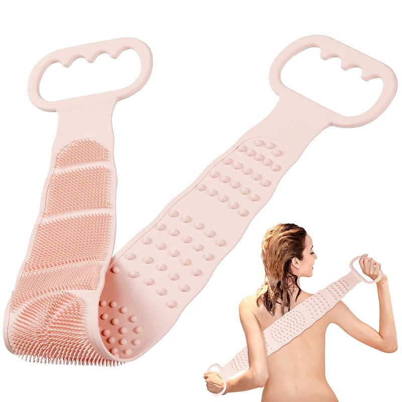 Photo 1 of ack Scrubber for Shower, Silicone Body Scrubber, Long Exfoliating Bath Body Brush for Women, Easy to Clean, Improves Blood Circulation and Skin Smooth (Pink)