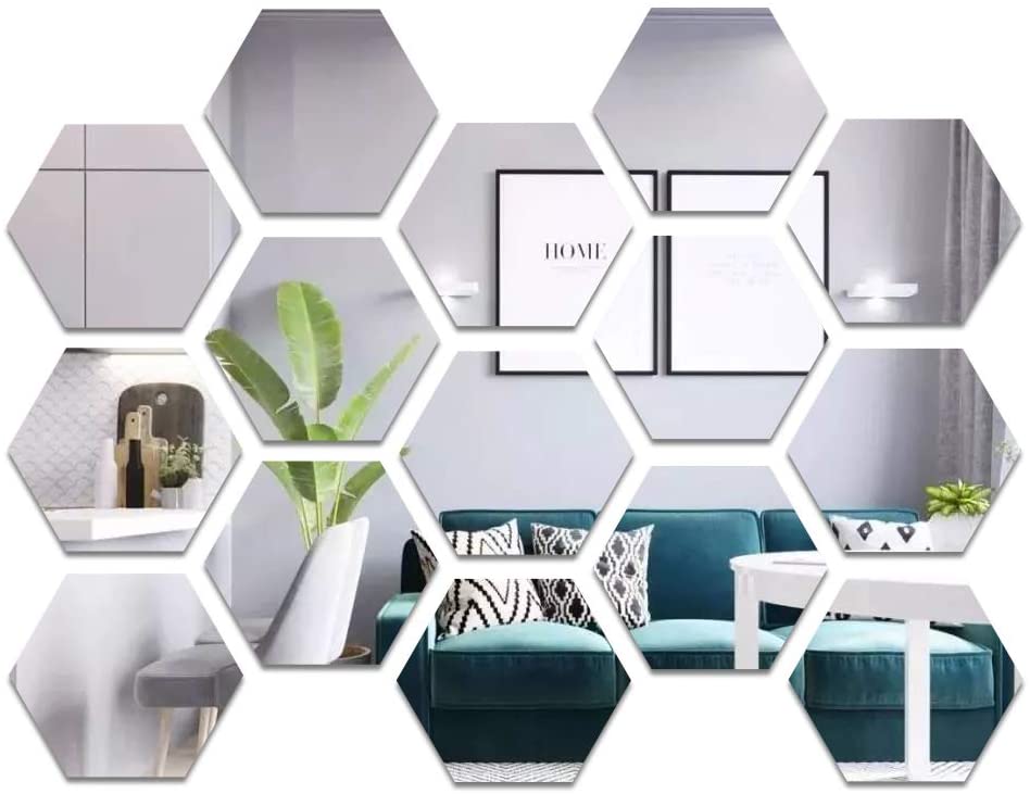 Photo 1 of 15 Pieces Hexagon Acrylic Mirror Sticker, Mirror Wall Decor, Self Adhesive DIY Wall Sticker Decals for Home Living Room Bedroom Decor ((18.4x16x9.2cm/ 7.2x6.3x3.6inch))
