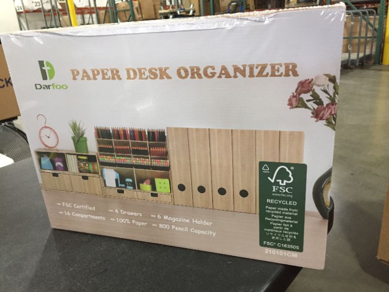 Photo 2 of Desk Organizer Set with 6 Magazine File Holder Organizer 4 Drawers & 16 Compartments - Huge Capacity Pen organizer for Home, School, Office Supplies, FSC Certified Cardboard, DIY Project, Wood Color