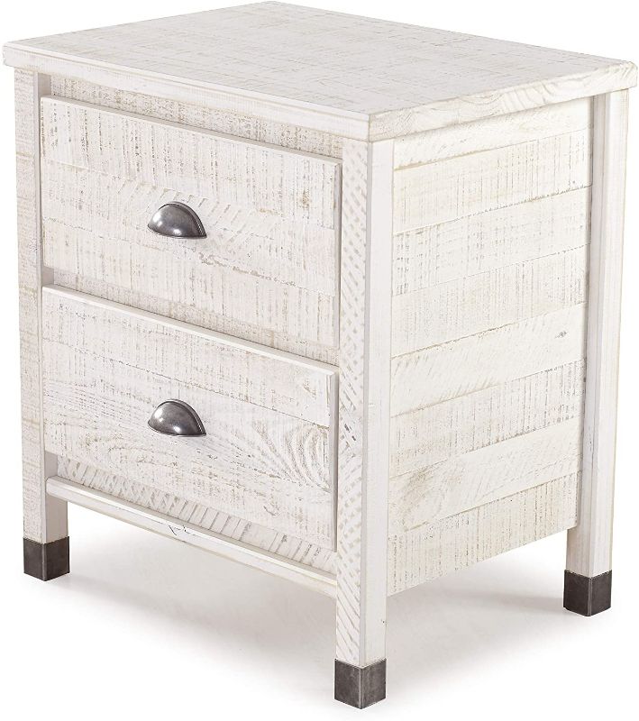 Photo 1 of Baja Night Stand / 2 Drawer / Solid Wood / Rustic Bedside Table for Bedroom, Living Room, Sofa Couch, Hall / Metal Drawer Pulls, Shabby White
