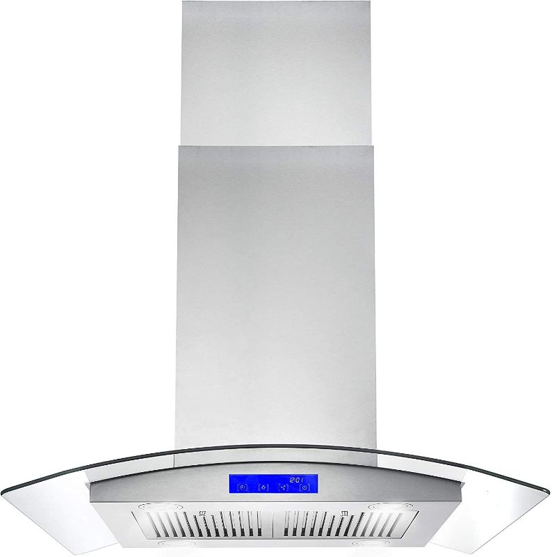 Photo 1 of Cosmo 668ICS750 30 in. Island Mount Range Hood with 380 CFM, Soft Touch Controls, Permanent Filters, LED Lights, Tempered Glass Visor in Stainless Steel
