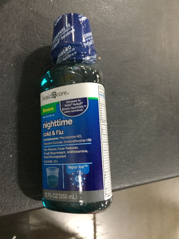 Photo 2 of Amazon Basic Care Nighttime Cold & Flu Relief, Pain Reliever, Fever Reducer, Cough Suppressant & Antihistamine, 12 Fluid Ounces
