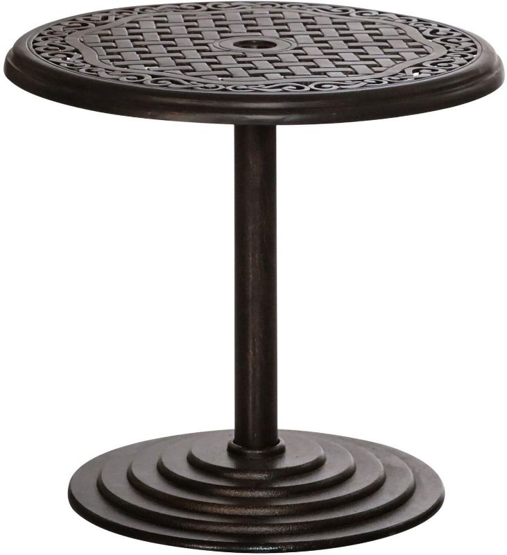 Photo 1 of Hanover 25 in. Round Umbrella Side Table with Cast Tabletop, HANUMBTBL-RC Outdoor Furniture, Black
