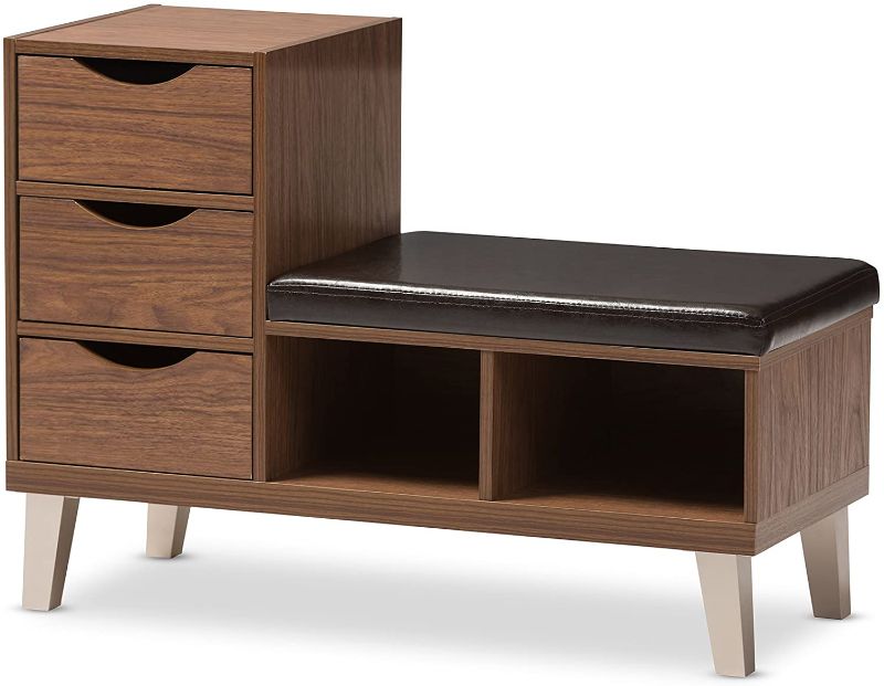 Photo 1 of Baxton Studio Jaime Walnut Wood 3-Drawer Shoe Storage Padded Leatherette Seating Bench with Two Open Shelves
