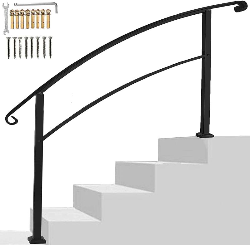 Photo 1 of Atemou Transitional Handrail 4-Step Handrail Fits 1 or 4 Steps Black Stair Rail Wrought Iron Handrail with Installation Kit Hand Rails for Indoor Outdoor Steps (4 Feet, Black) (5 Feet, Black)
