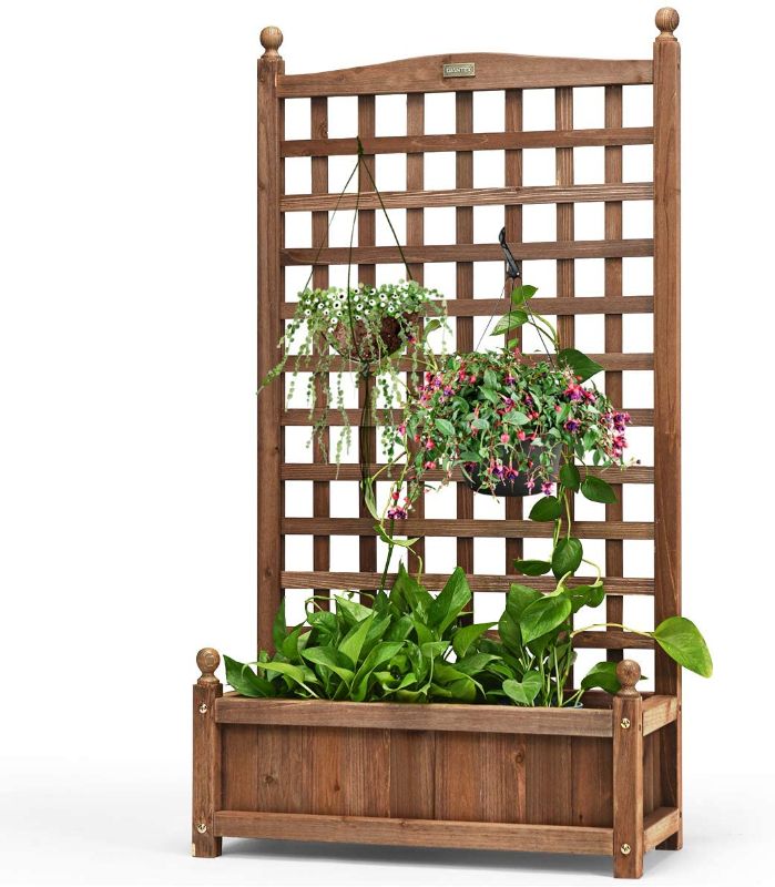 Photo 1 of Giantex Wood Planter Free Standing Plant Raised Bed with Trellis for Garden or Yard (25’’LX 11’’WX 48’’H)
