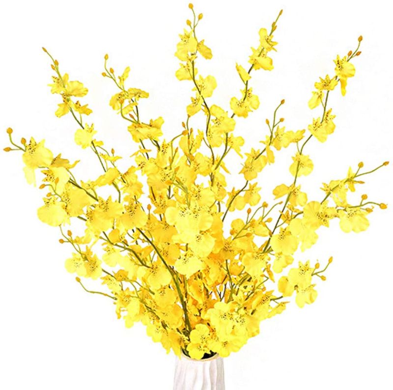 Photo 1 of Yellow Flowers Artificial 36.2'' Long Orchids Flowers Bouquet 6 Pcs Silk Fake Orchids Flowers for Indoor Outdoor Wedding Home Office Decoration
