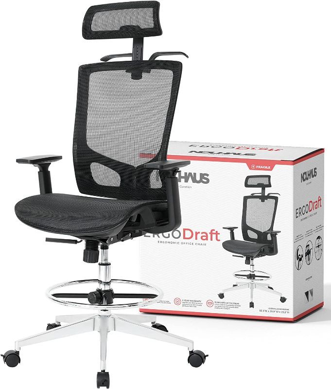 Photo 1 of NOUHAUS ErgoTASK/ErgoDRAFT – Ergonomic Task/Draft Chair, Computer Chair and Office Chair with Headrest. Rolling Swivel Chair with Wheels (Black, ErgoDraft)