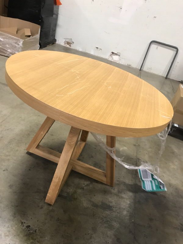 Photo 1 of 41 X 49 Inches x 41 Inch Tall Round Wood Table  MISSING HARDWARE  TO HOLD BASE NO FEET ON LEGS TABLE SITS FINE SCRATCHES ALL AVER