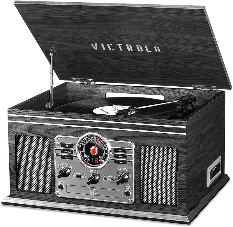 Photo 1 of Victrola Nostalgic 6-in-1 Bluetooth Record Player & Multimedia Center with Built-in Speakers - 3-Speed Turntable, CD & Cassette Player, AM/FM Radio | Wireless Music Streaming | Grey

