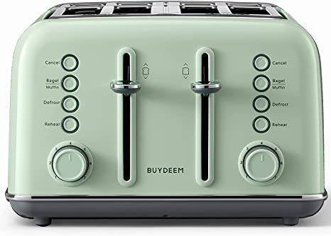 Photo 1 of BUYDEEM DT-640 4-Slice Toaster, Extra Wide Slots, Retro Stainless Steel with High Lift Lever, Bagel and Muffin Function, Removal Crumb Tray, 7-Shade Settings (Cozy Greenish)
