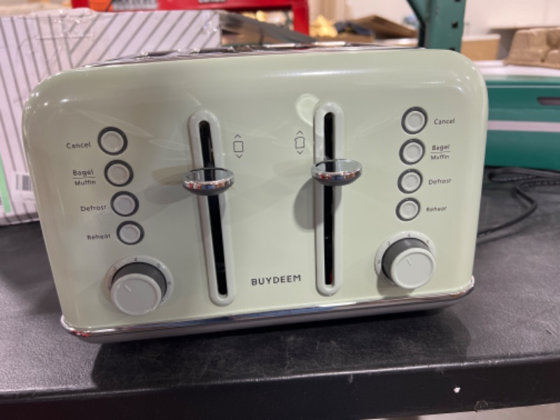 Photo 2 of BUYDEEM DT-640 4-Slice Toaster, Extra Wide Slots, Retro Stainless Steel with High Lift Lever, Bagel and Muffin Function, Removal Crumb Tray, 7-Shade Settings (Cozy Greenish)
