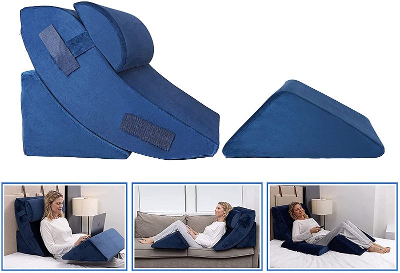 Photo 1 of 4 pcs Bed Wedge Pillow - Post Surgery Advanced Adjustable Pillow Set with Memory Foam - Relief System for Shoulder Back, Neck and Leg Elevation | Acid Reflux, Anti Snoring - Machine Washable Cover
