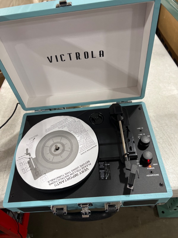 Photo 2 of Victrola Vintage 3-Speed Bluetooth Portable Suitcase Record Player with Built-in Speakers | Upgraded Turntable Audio Sound| Includes Extra Stylus | Turquoise, Model Number: VSC-550BT
