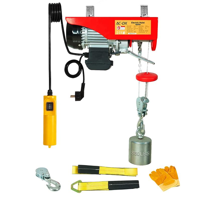 Photo 1 of AC-DK 880 lbs Lift Electric Hoist with Crane Remote Control Power System, 110V Overhead Crane Garage Ceiling Pulley Winch, Zinc-Plated Steel Wire and w/Straps 