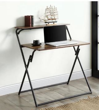 Photo 1 of 31.5 in. W Rectangle Brown MDF Desktop Solid Steel Frame Small Computer Desk Folding Desk with 2-Tier Shelves
