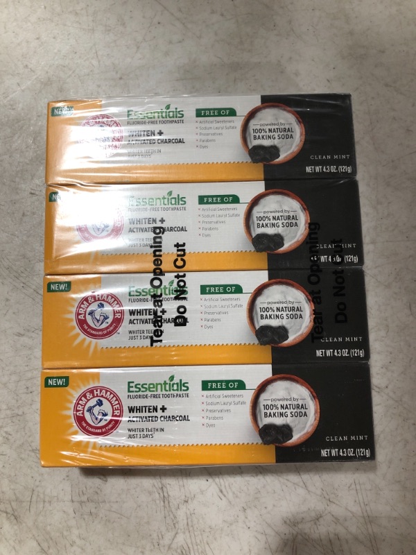 Photo 1 of Arm & Hammer Essentials FluorideFree Toothpaste Whiten + Activated Charcoal4 Pack of 4.3oz Tubes Clean 100 Natural Baking Soda, Mint, 17.2 Ounce

