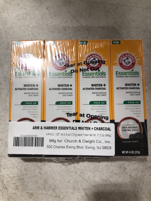 Photo 2 of Arm & Hammer Essentials FluorideFree Toothpaste Whiten + Activated Charcoal4 Pack of 4.3oz Tubes Clean 100 Natural Baking Soda, Mint, 17.2 Ounce
