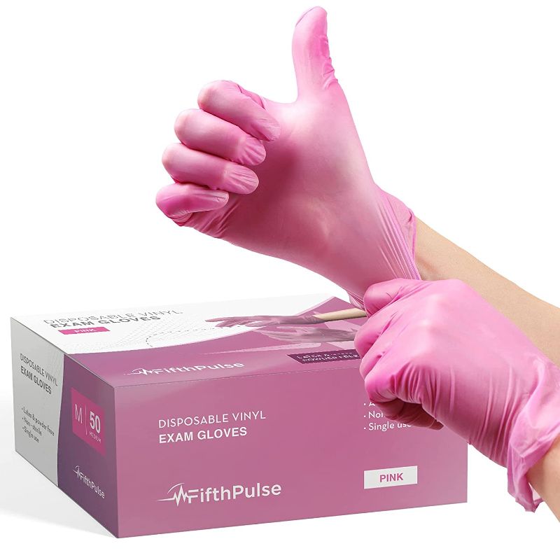 Photo 1 of Pink Vinyl Disposable Gloves Medium 50 Pack - Latex Free, Powder Free Medical Exam Gloves - Surgical, Home, Cleaning, and Food Gloves - 3 Mil Thickness
