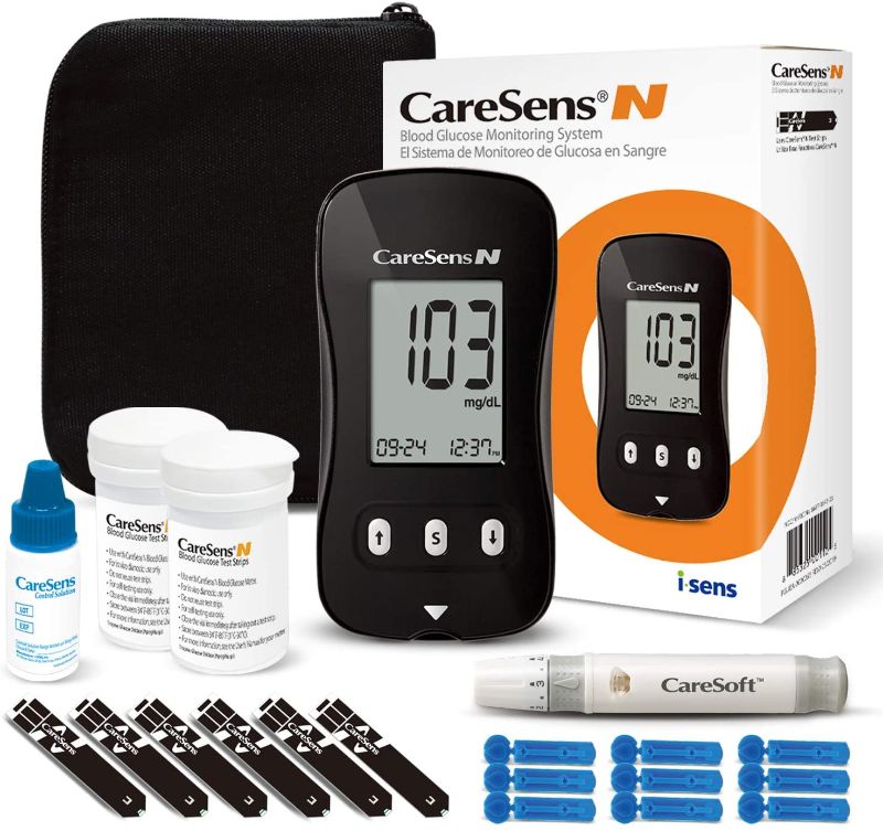 Photo 1 of Blood Glucose Monitor Kit (Auto-Coding), CareSens N Diabetes Testing Kit with 1 Glucose Meter, 100 Glucose Test Strips, 1 Control Solution, 1 Lancing Device, 100 Lancets (30G), 1 Case

