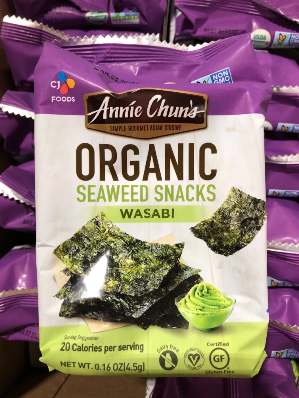 Photo 2 of ANNIE CHUN'S, Seaweed Snk, Og2, Wasabi, Pack of 12, Size .16 OZ, (Gluten Free GMO Free Vegan 95%+ Organic)
