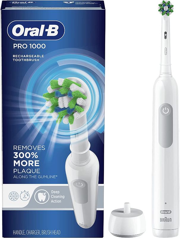 Photo 1 of Oral-B Pro 1000 Power Rechargeable Electric Toothbrush Powered by Braun ,1 count , White (Packaging may vary) OPEN BOX.
