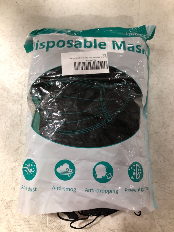 Photo 1 of DISPOSABLE MASK FACE COVERINGS, 100 PIECE BAG. BLACK, ONE SIZE. OPEN BAG.