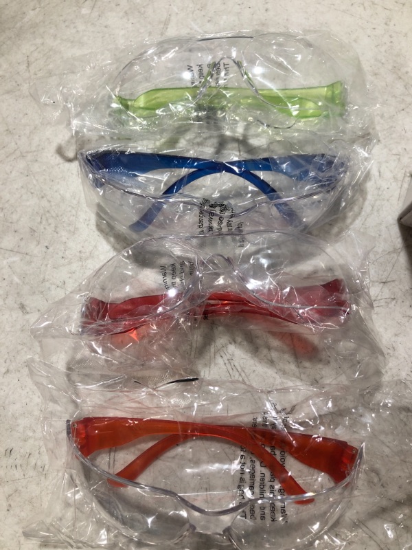 Photo 3 of BOX OF SAFETY GLASSES. VARIOUS COLORS. UNKNOWN QUANTITY. ONE SIZE.