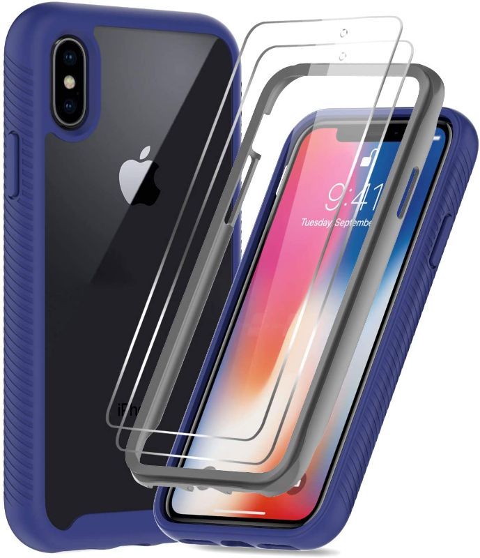 Photo 1 of LeYi Compatible for iPhone X Case, iPhone Xs Case with Tempered Glass Screen Protector [2 Pack], Full-Body Shockproof Hybrid Bumper Clear Protective Phone Cover Cases for iPhone X/XS, Navy Blue
