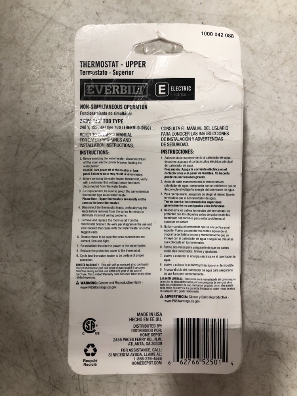 Photo 1 of Everbilt T-O-D Style Upper-Element Thermostat. OPEN PACKAGE.
