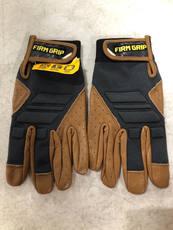 Photo 1 of FIRM GRIP LEATHER WORK GLOVES, SIZE MEDIUM. BROWN/BLACK.