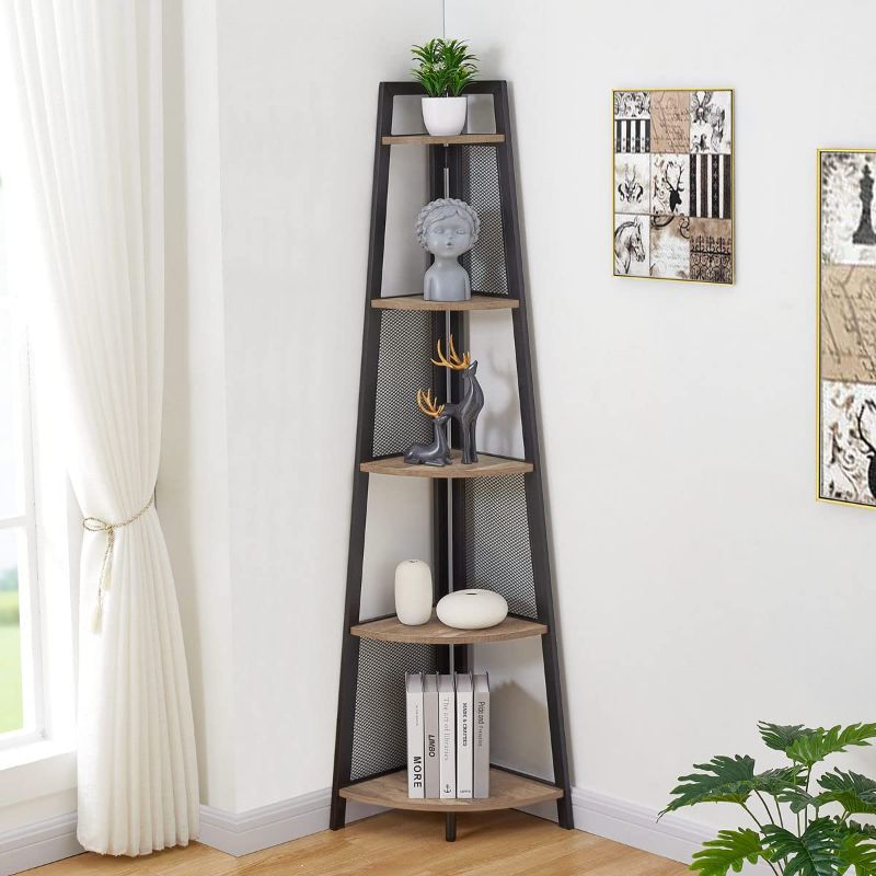 Photo 1 of FATORRI Tall Corner Shelf Stand, Industrial 5 Tier Corner Bookshelf, Wood and Metal Corner Ladder Bookcase (Rustic Oak)