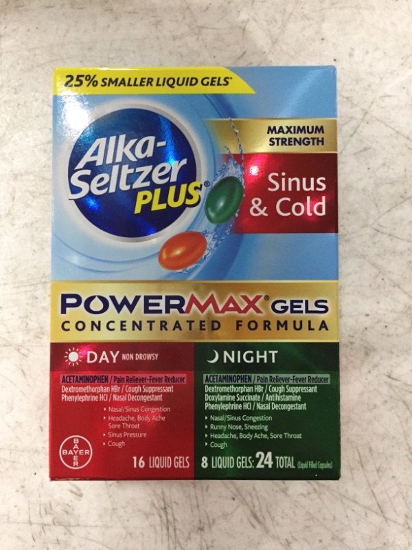 Photo 2 of ALKA-SELTZER PLUS Maximum Strength PowerMax Sinus and Cold Medicine, Day + Night Liquid Gels for Adults with Pain Reliever, Fever Reducer, Cough Suppressant, Nasal Decongestant, 24 Count
