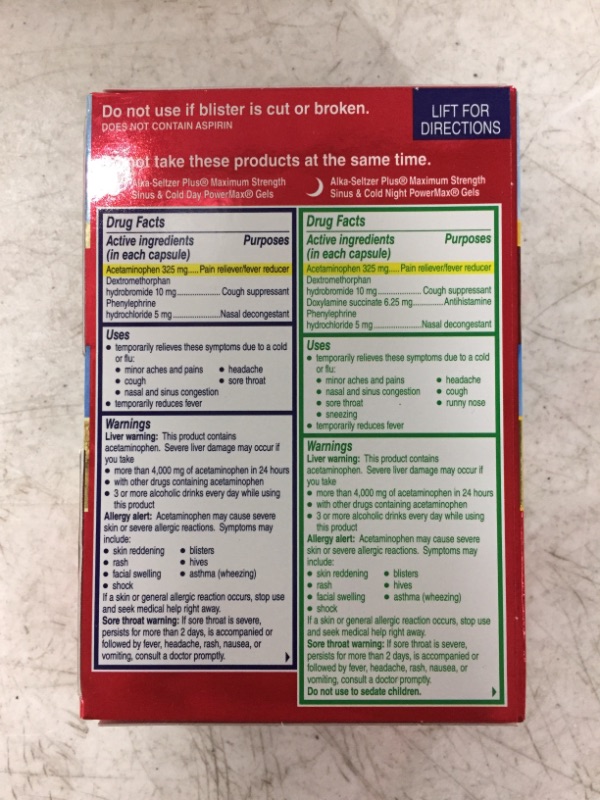 Photo 1 of ALKA-SELTZER PLUS Maximum Strength PowerMax Sinus and Cold Medicine, Day + Night Liquid Gels for Adults with Pain Reliever, Fever Reducer, Cough Suppressant, Nasal Decongestant, 24 Count
