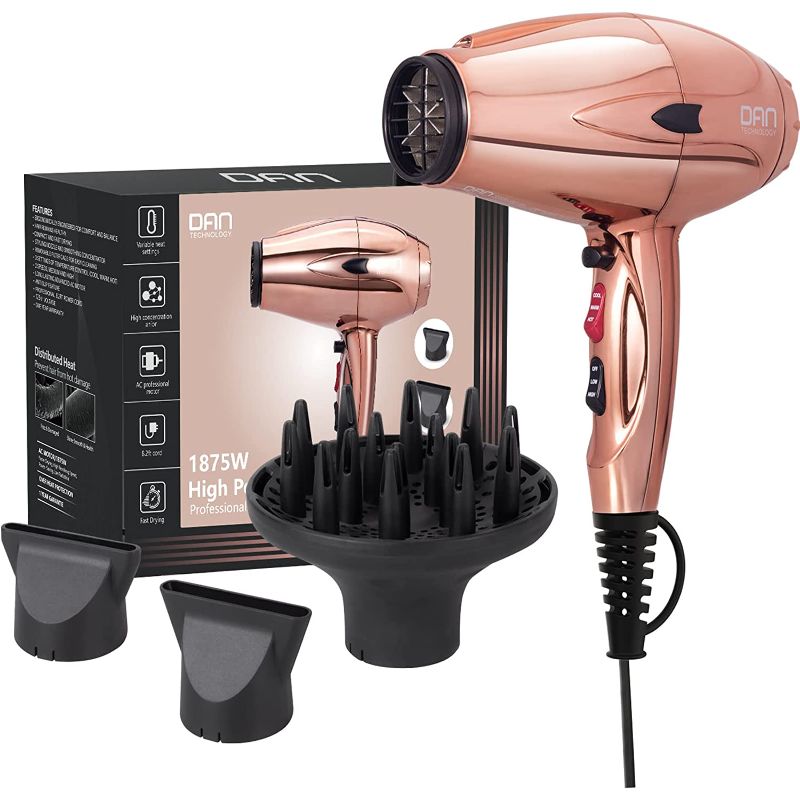 Photo 1 of DAN Technology ionic Hair Dryer with diffuser,Professional blow dryer,Fast Drying with 3 Heating/Cool Button/2 Speed,with 2 Concentrator Nozzle Attachments