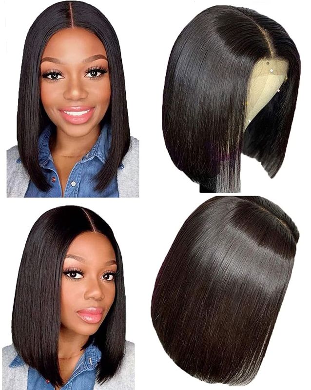 Photo 1 of Human Hair Bob Wigs 13X4 Lace Front Wigs Human Hair Pre Plucked 12 Inch 150 Density Bob Wigs For Black Women Human Hair Glueless Brazilian Virgin Hair Natural Color bob Frontal Wig Human Hair