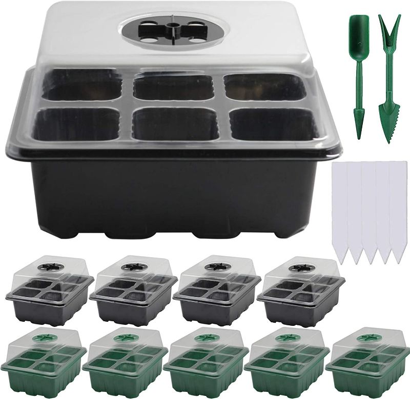Photo 1 of 10 Pack Seed Trays Seedling Starter Tray (6 Large Cells per Tray) Humidity Adjustable Plant Starter Kit with Dome, Total 60 Seed Growing Pods, 2 Garden Tools & 20 Plant Labels
