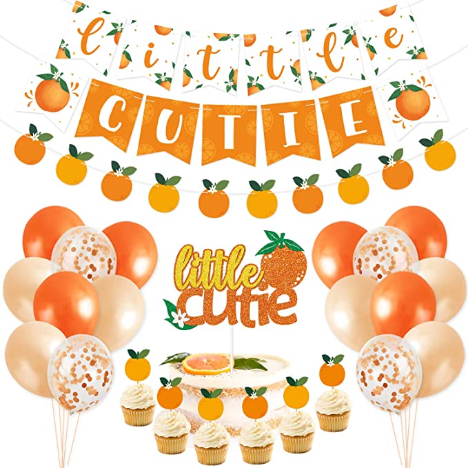 Photo 1 of 52PCS Little Cutie Baby Shower Birthday Party Decorations Little Cutie is on The Way Banner Orange Cake Topper Citrus Cupcake Confetti Balloons for Hey Cutie Orange Theme Baby Shower Party Supplies
